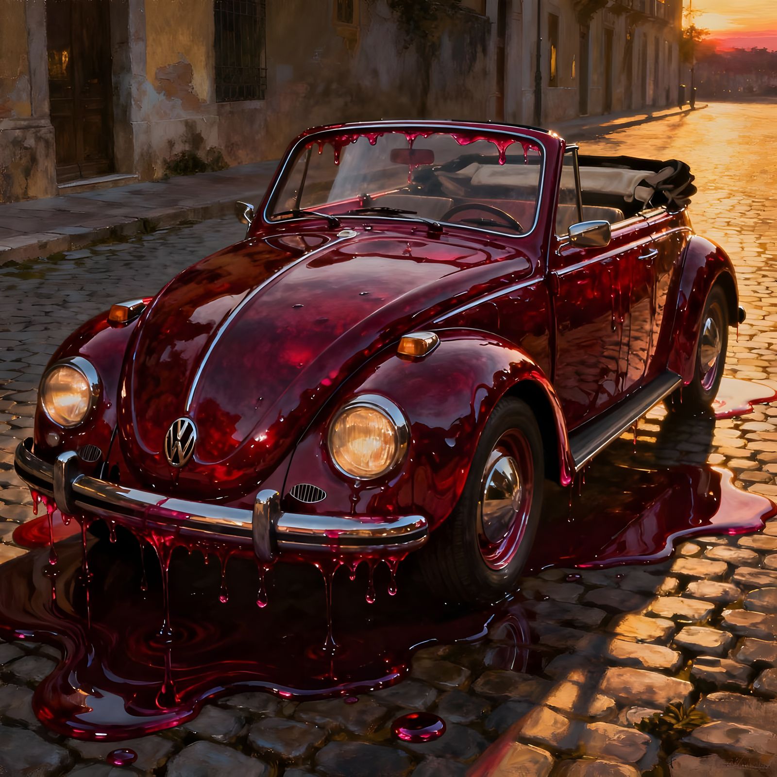 VW Beetle Car Made of Red Wine on Cobblestone Street
