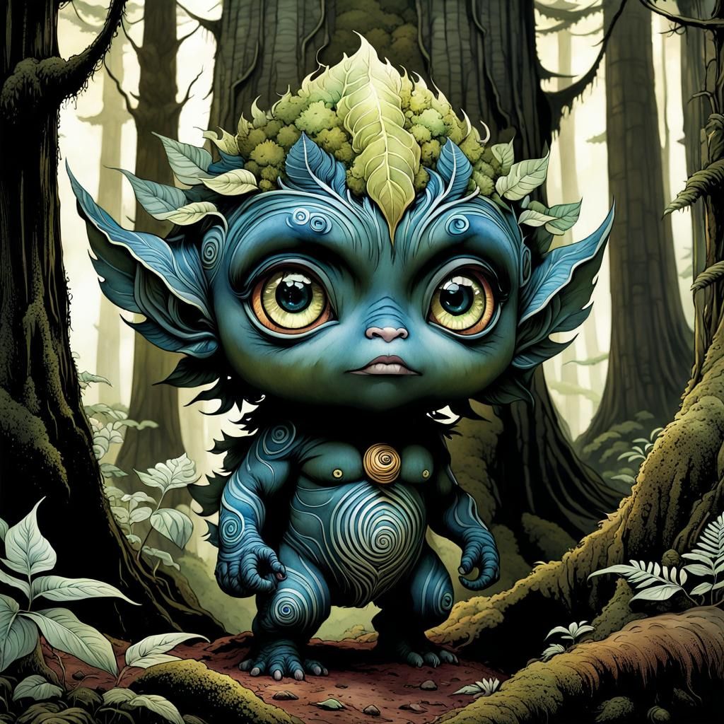 Chibi Earth Elemental in Watercolor Forest