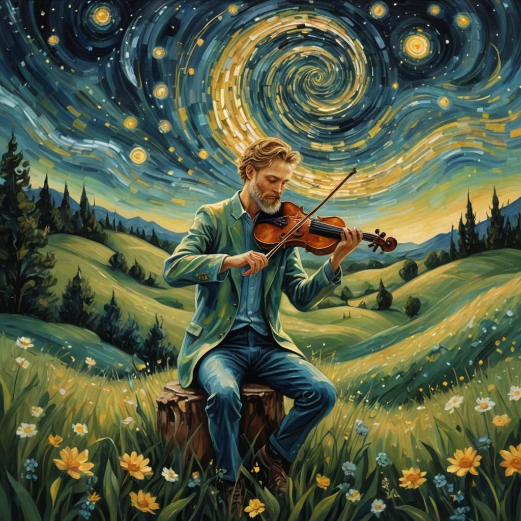 Magical Musician's Starry Night Serenade in Fantasy Art