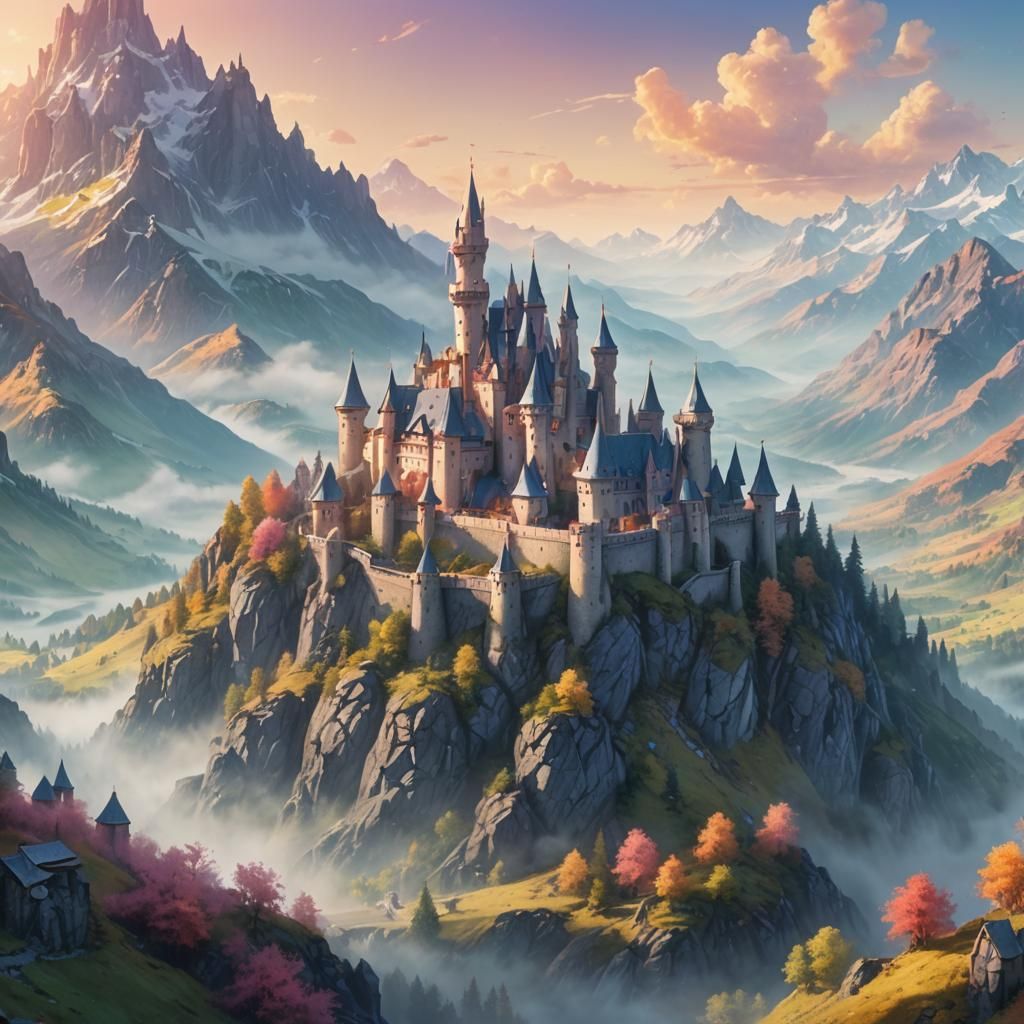 Fairytale Castle in Misty Mountains: Watercolor Concept Art