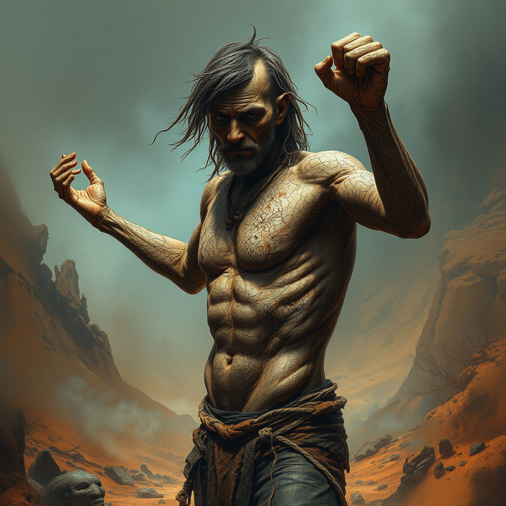 Mystical Human Figure in Earthen Landscape