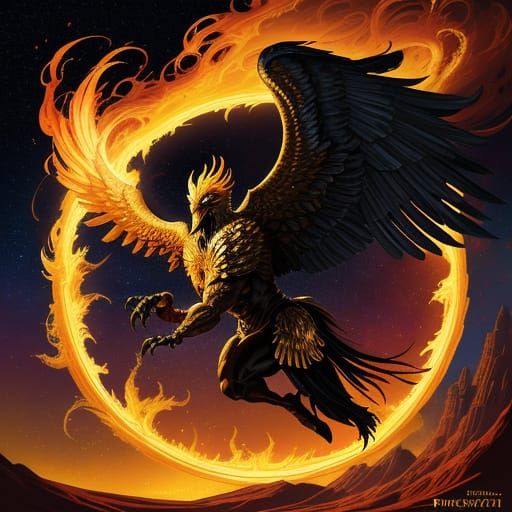 Phoenix Rising from Molten Gold: Fantasy Art