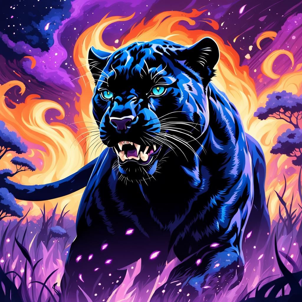 Black Panther Roaring Amidst Purple Flames