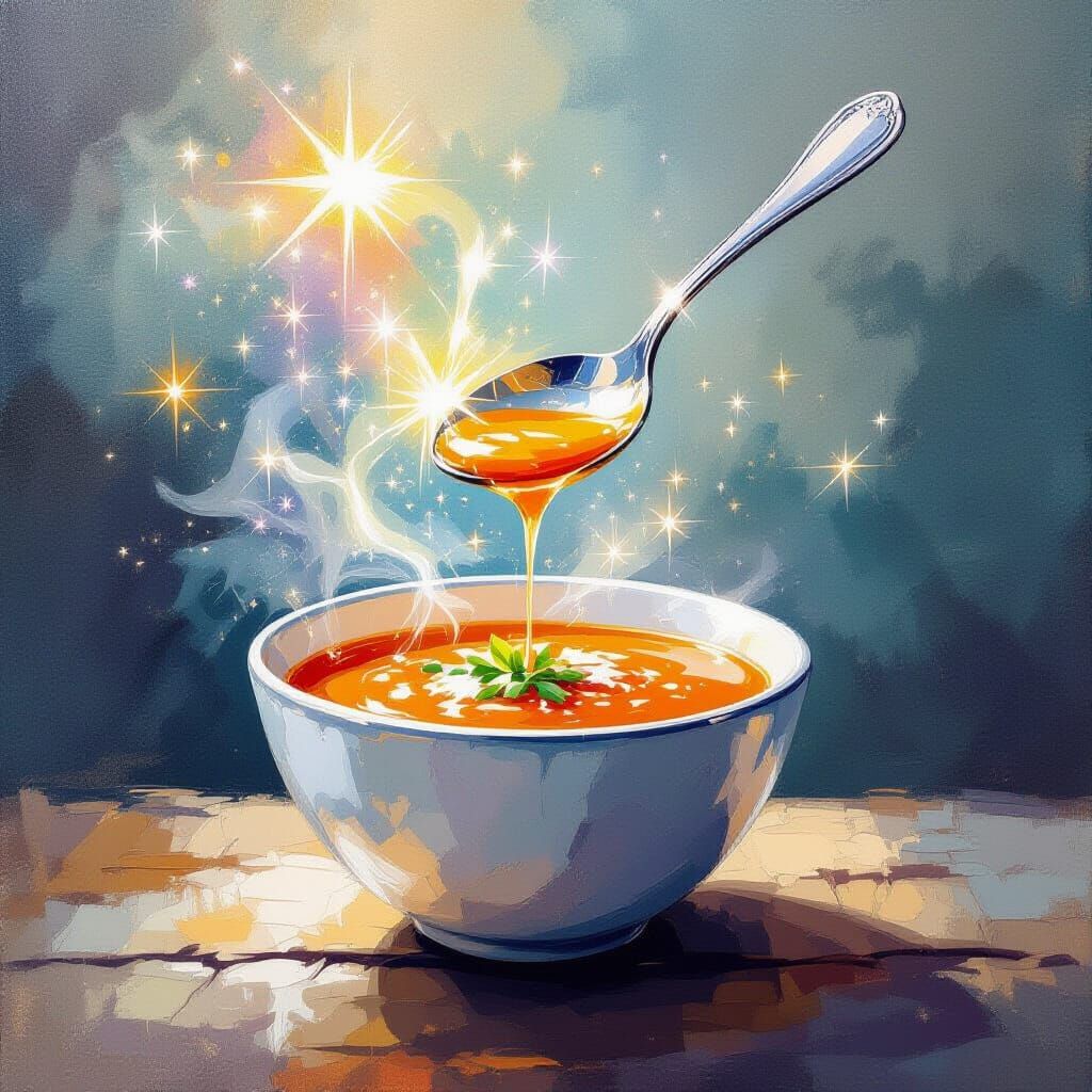 Magical Spoon Adds Sparkle to Soup in Gouache Style