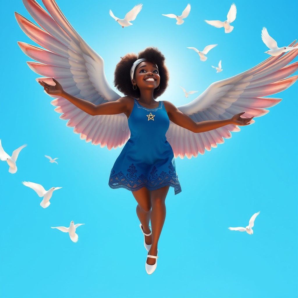 Woman with Dove Wings Soaring in Pixar-Style 3D Art