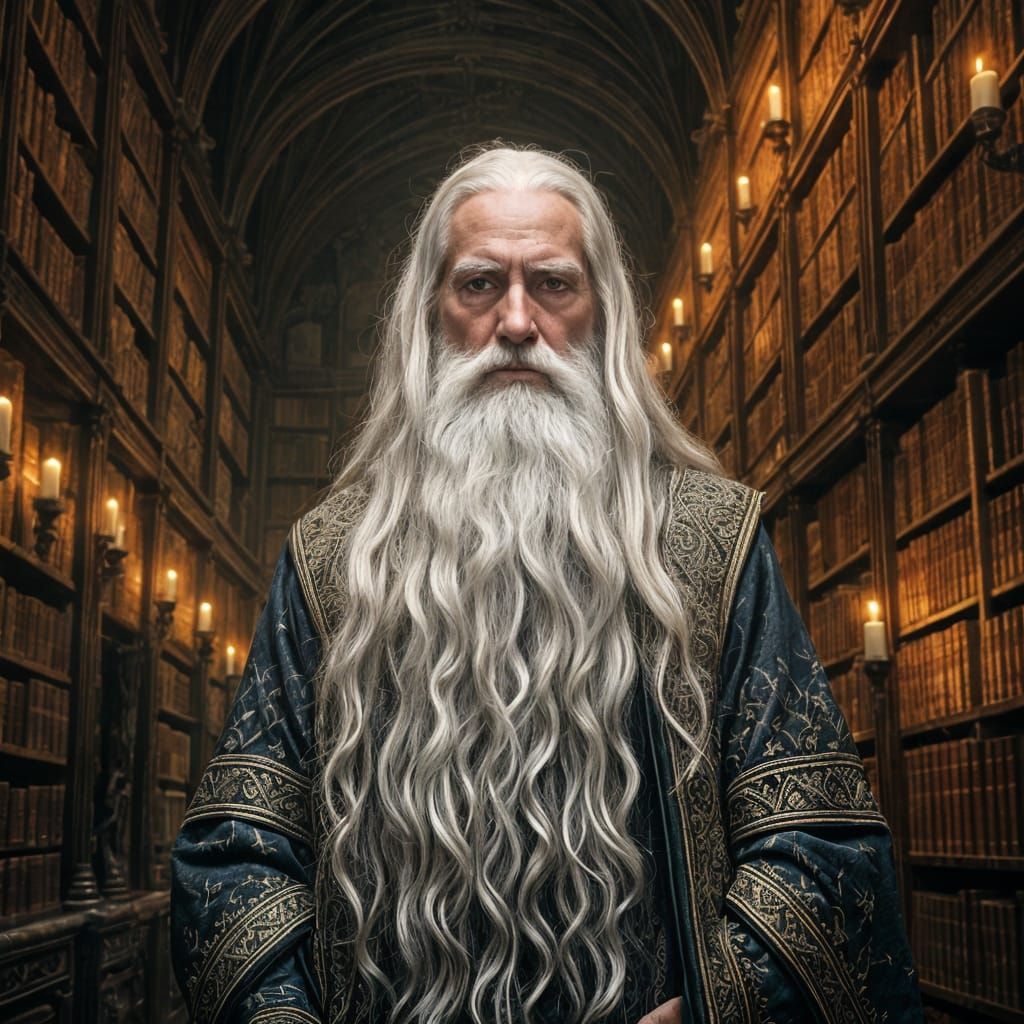 Old Mage in Library, Oil Painting Style