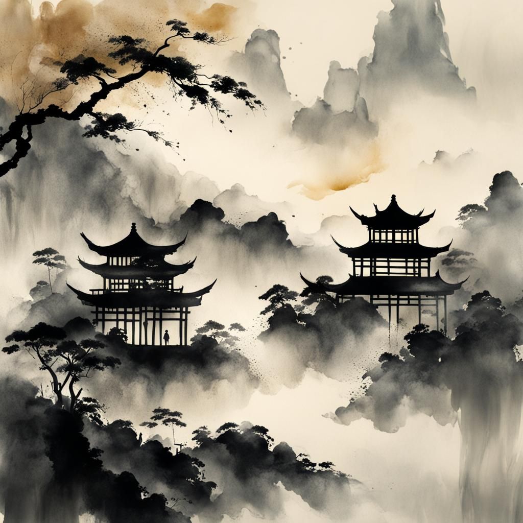 Muted Chinese Ink Painting with Rice Paper Texture