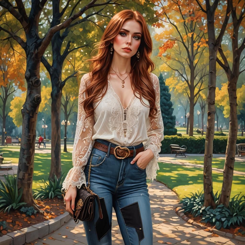 Sensual Woman in Park with Auburn Hair
