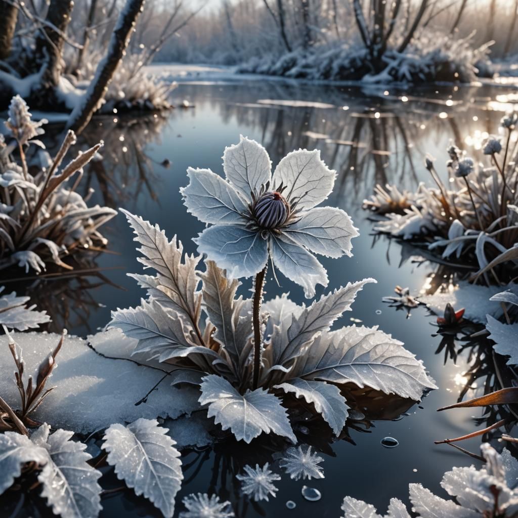 Icy River Thicket with Hoarfrost Flower, Digital Art