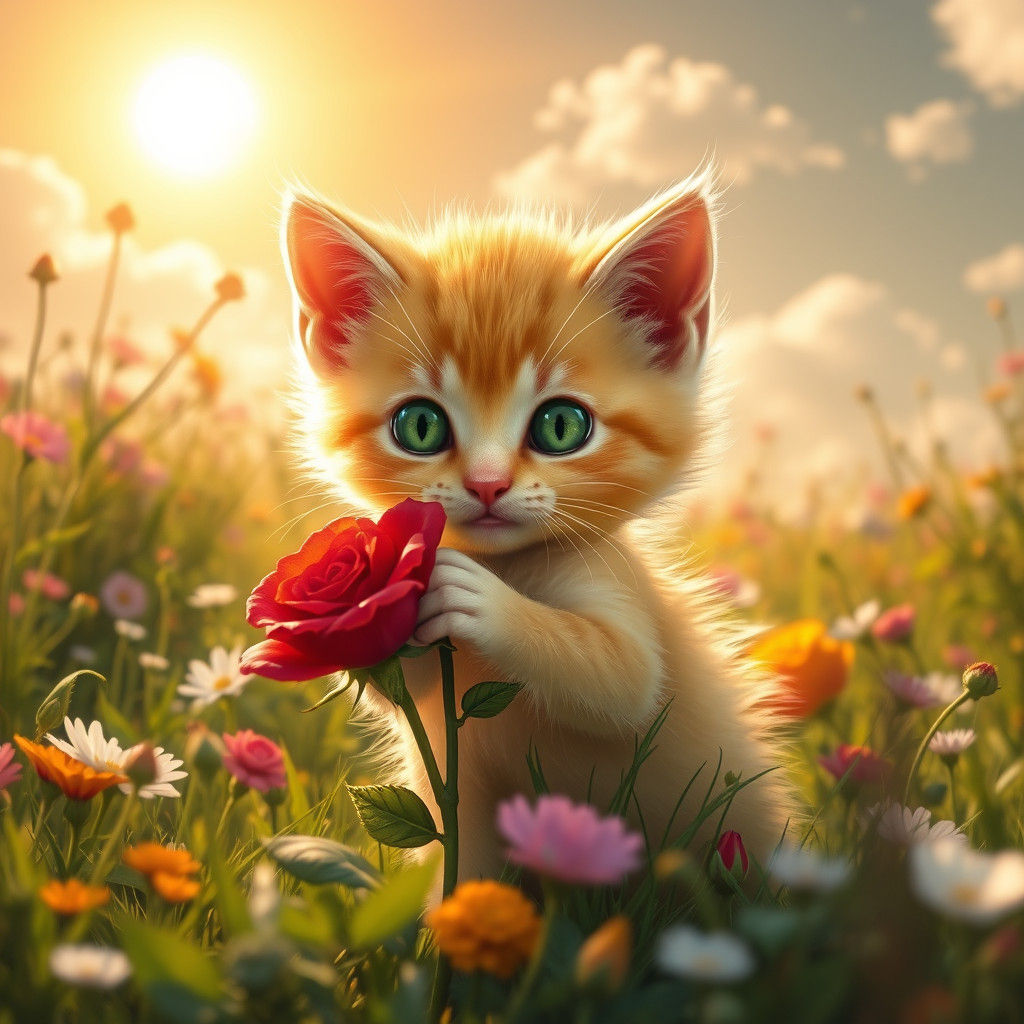 Kitten with Rose in Meadow, Fantasy Concept Art