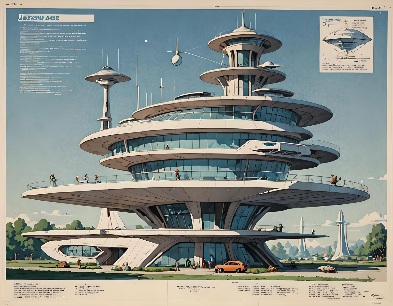 Space age building, skylights, transport landing pads, side ...