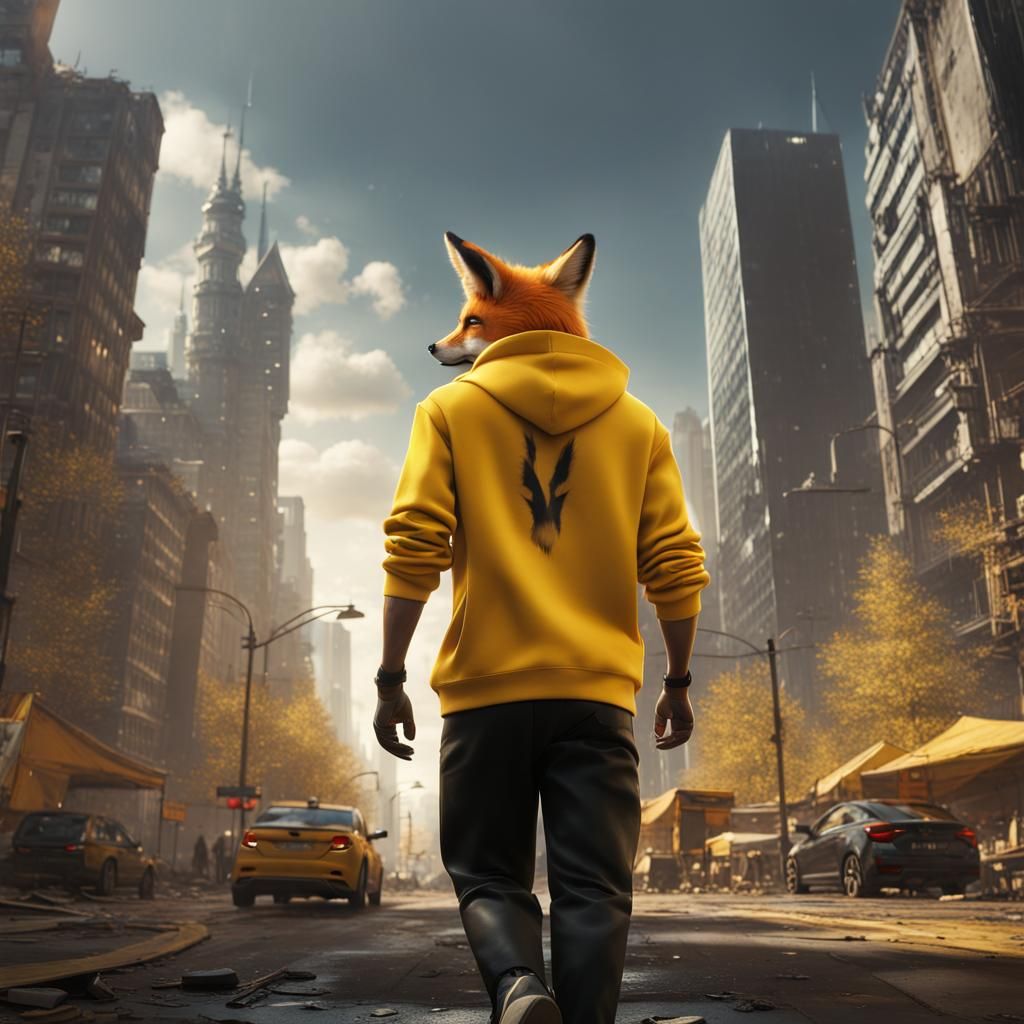 Fox in Cityscape: Detailed Matte Painting