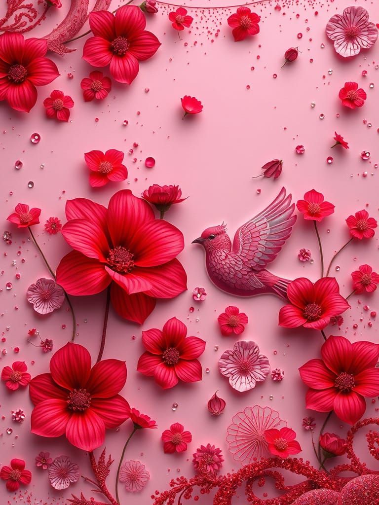 Red Flowers and Bird in Pink Lake, 3D Collage
