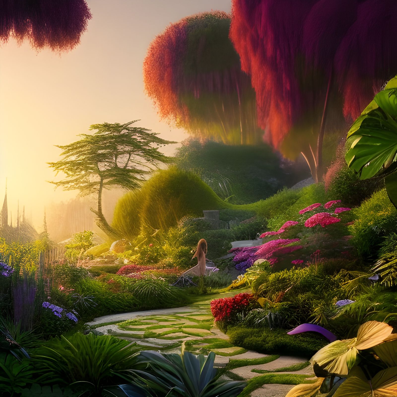 Lush Garden at Golden Hour, Hyperdetailed Digital Art