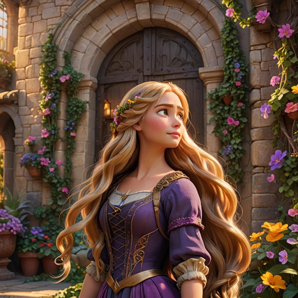Rapunzel in Floral Courtyard: 3D Digital Art