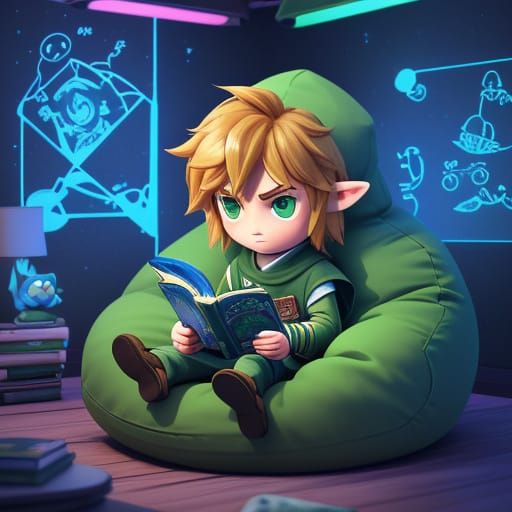 Chibi Link Reads Comic Book in Spaceship Cabin