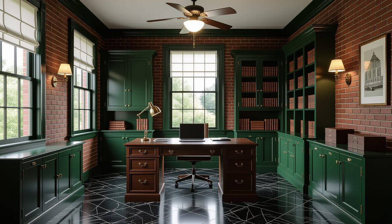 Vibrant Victorian Working Room with Dark Green Cabinets
