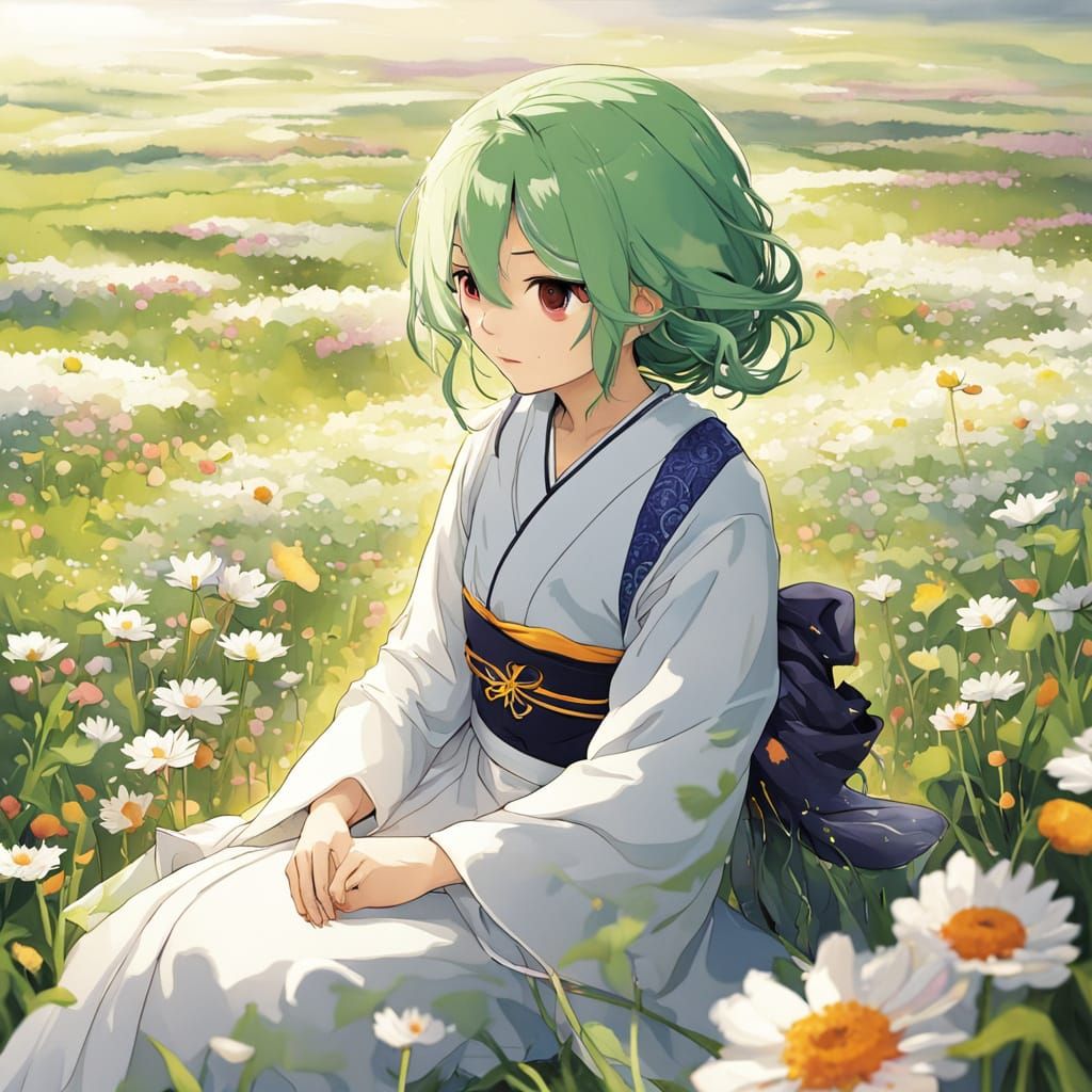 Green-Haired Beauty in Kimono in Flower Field