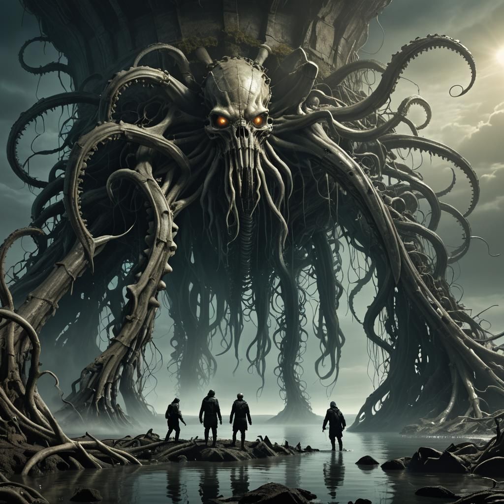 Dark Fantasy Lake Creature with Bone Shore