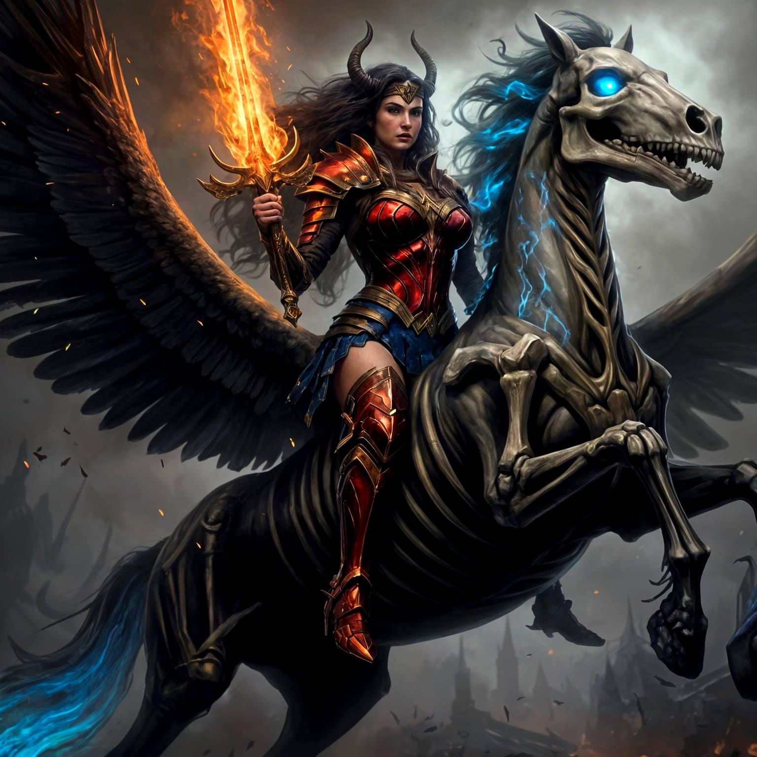 Wonder Woman Riding Skeletal Pegasus with Flame Sword