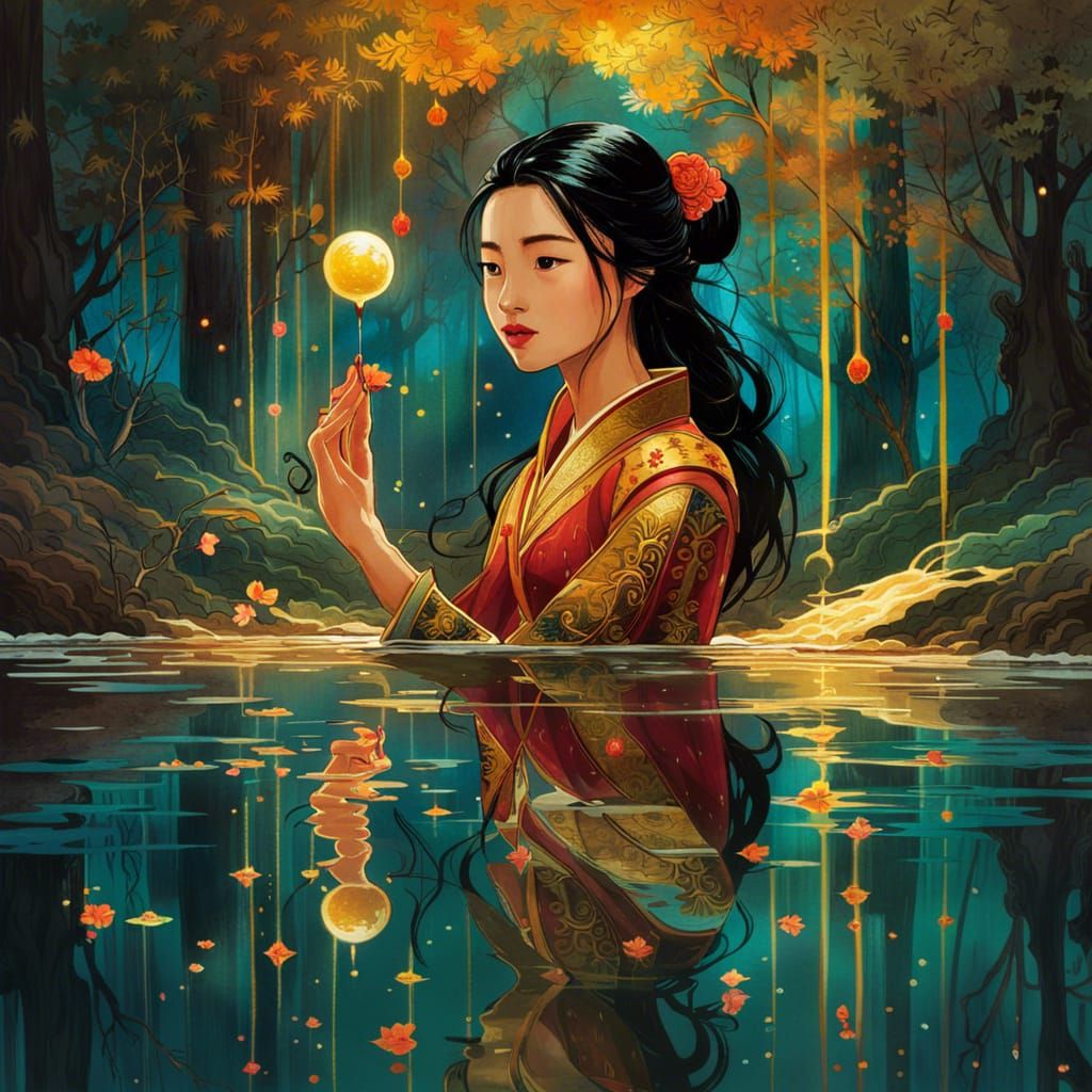 Princess Mulan Reflects, Watercolor Art in 8K