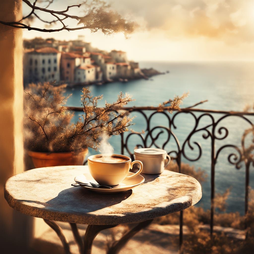 Italian Terrace Overlooking Sea at Sunset in Digital Art