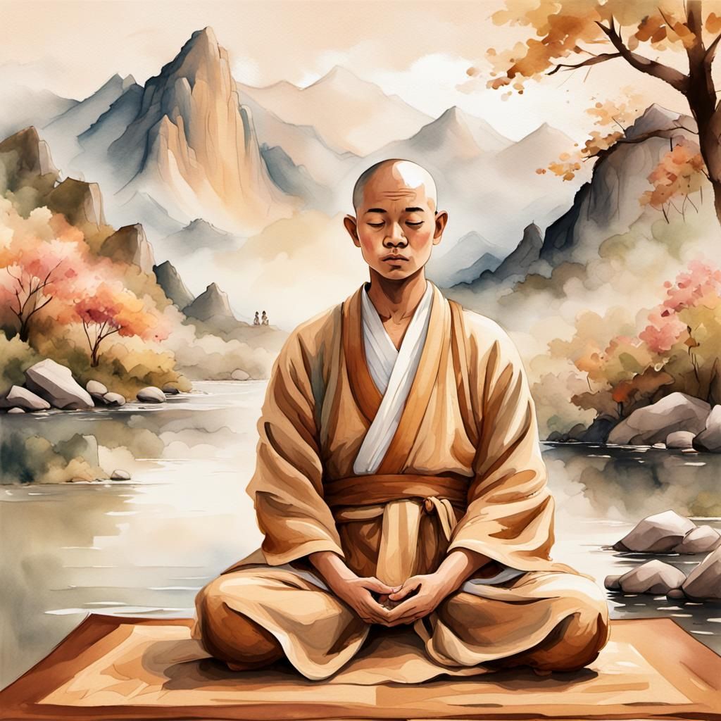Serene Monk in Lotus Position: Pyrography Style