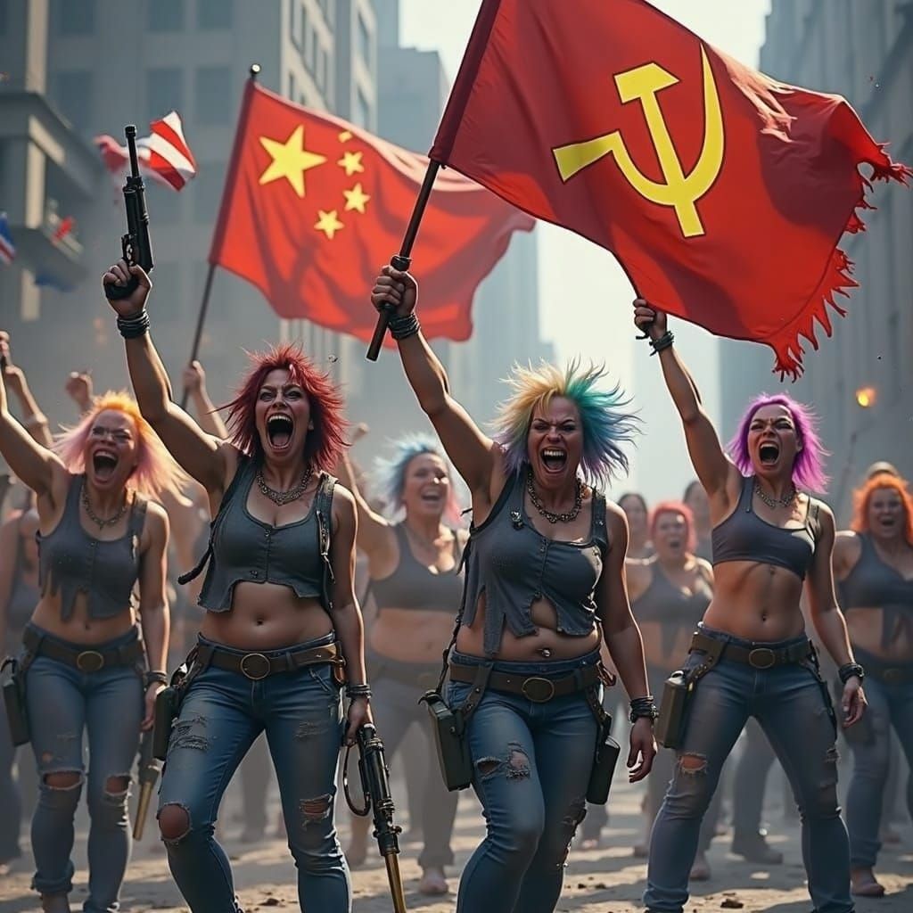 Hammer and Sickle Flag Over Burning Flags