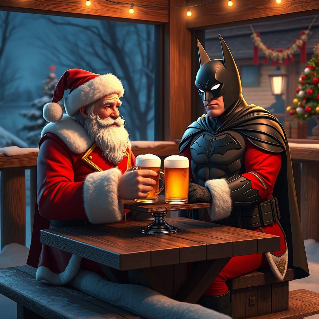 Santa Claus and Batman Share a Beer in Winter Wonderland