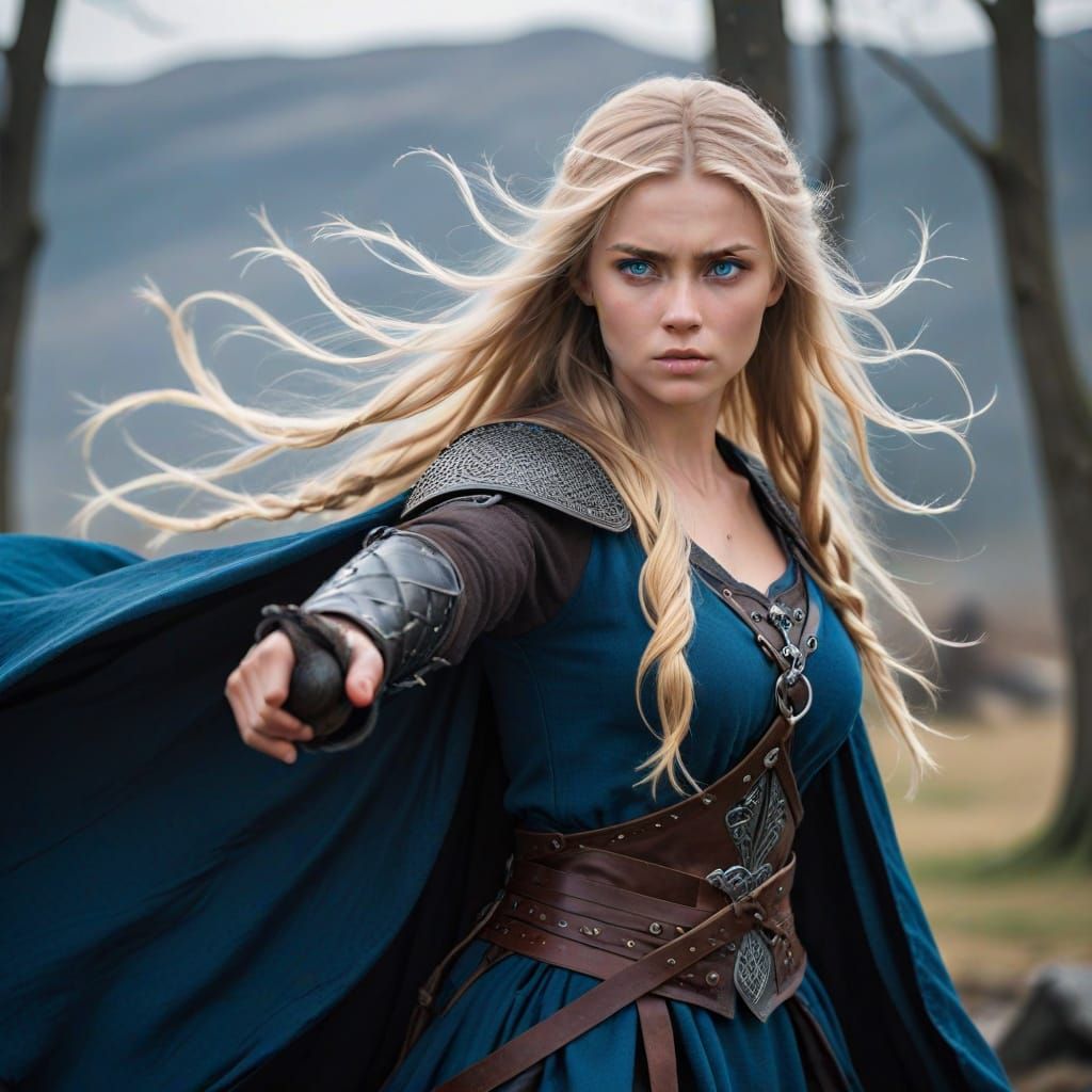 Viking Maiden Wields Sword in Battle