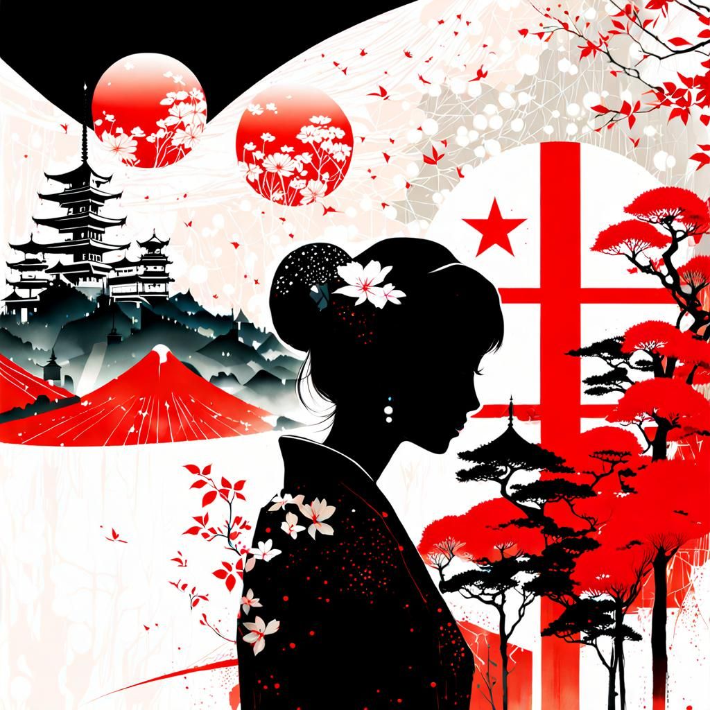 Japanese Silhouette Double Exposure Portrait in Ink