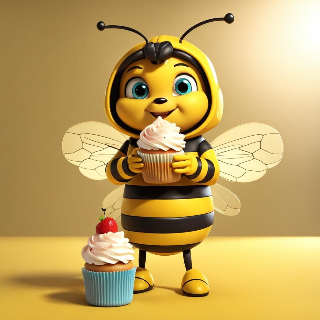 Cartoon Bee with Cupcake in Photorealistic 3D