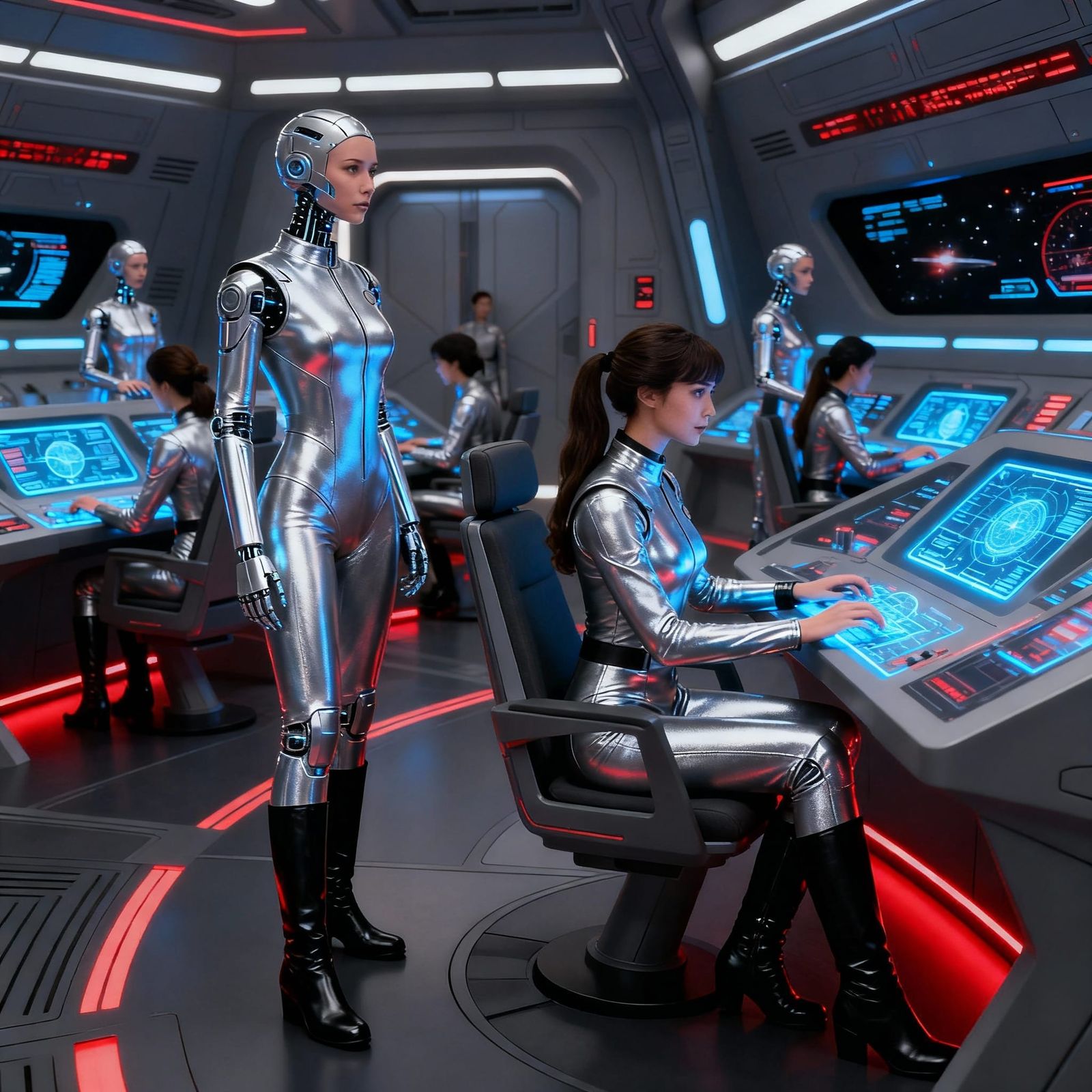 AI Starship Bridge with Female Crew in Silver Catsuits