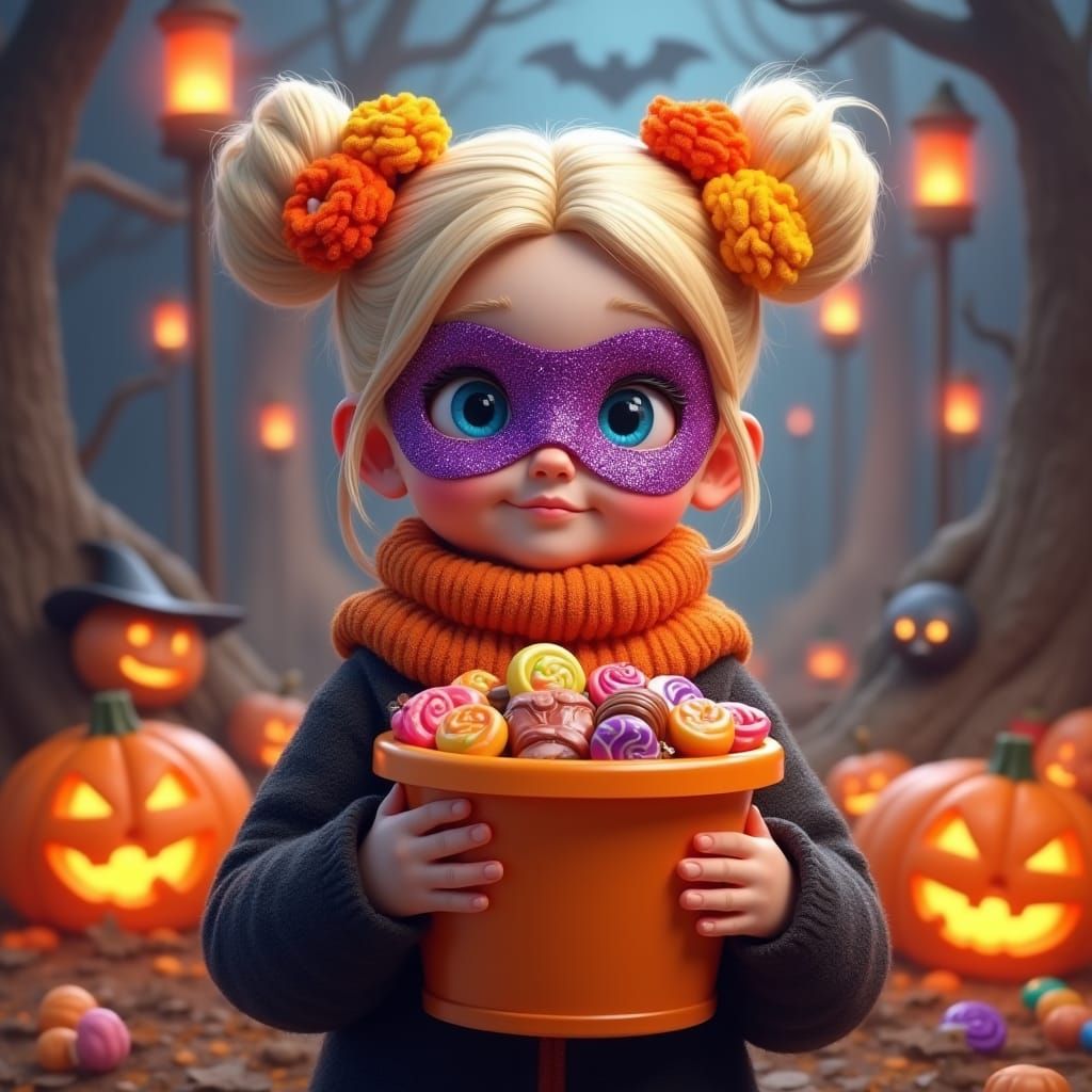 A 3D digital illustration of a young girl holding a Hallowee...
