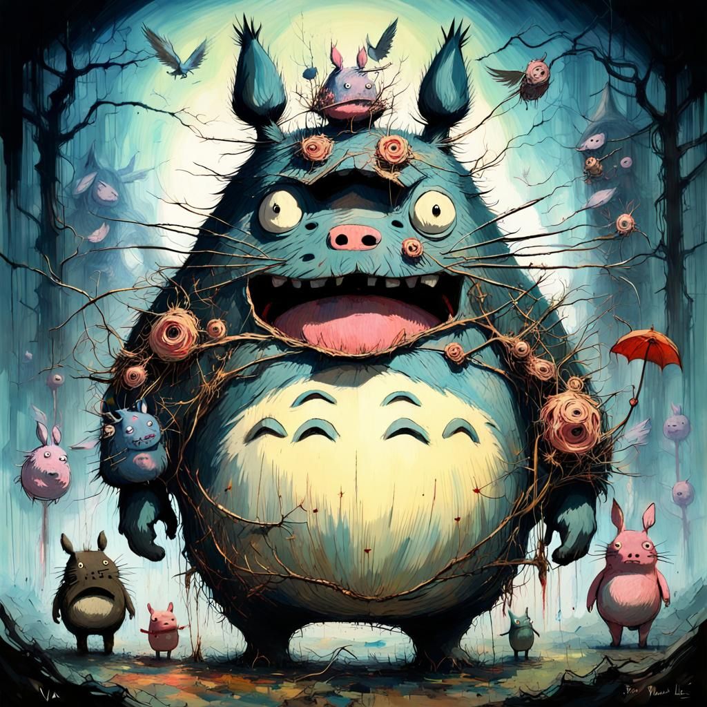 Terrifying Totoro Peppa Pig Monster Army in Horror Style