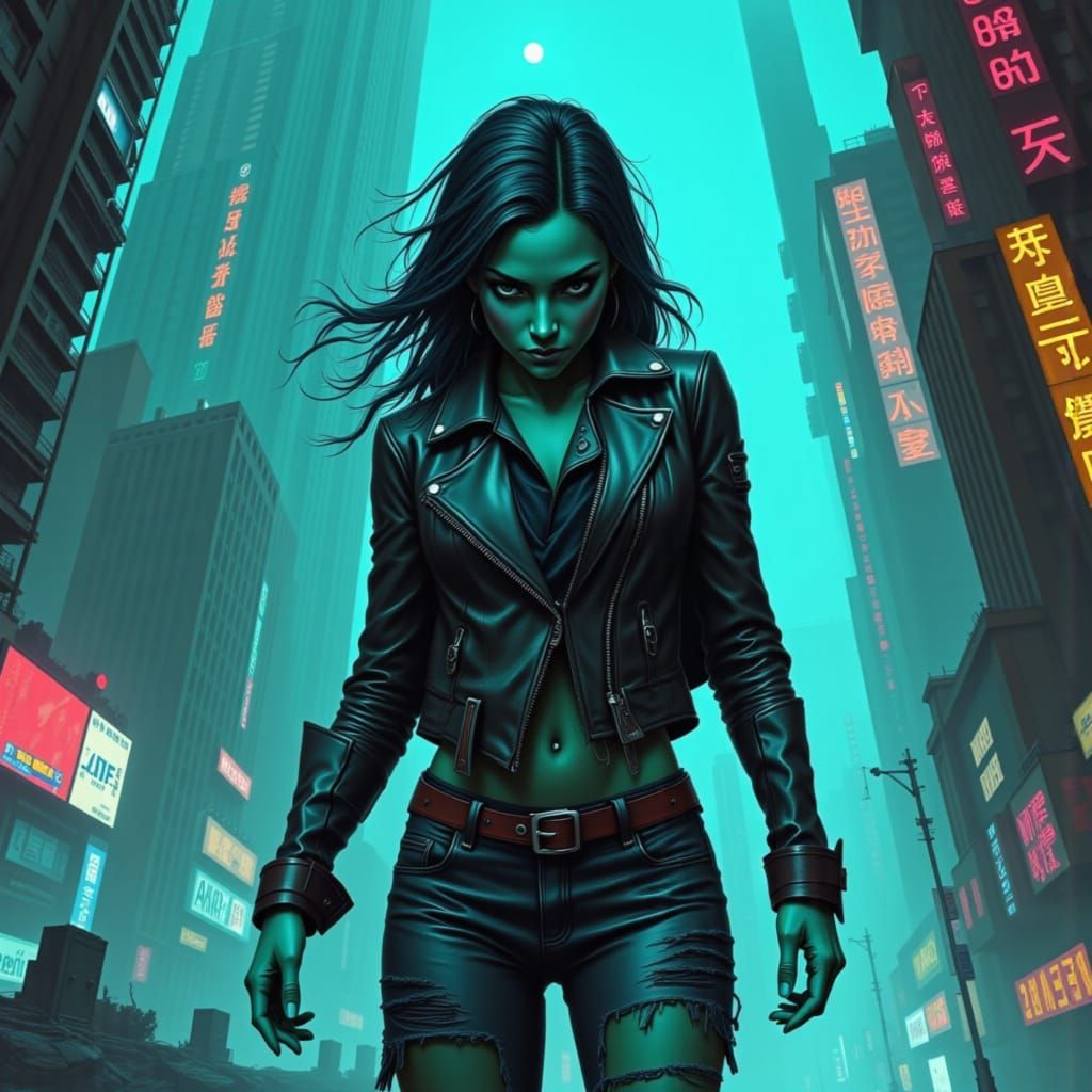 Turquoise Cyborg in Dystopian Cyberpunk Cityscape
