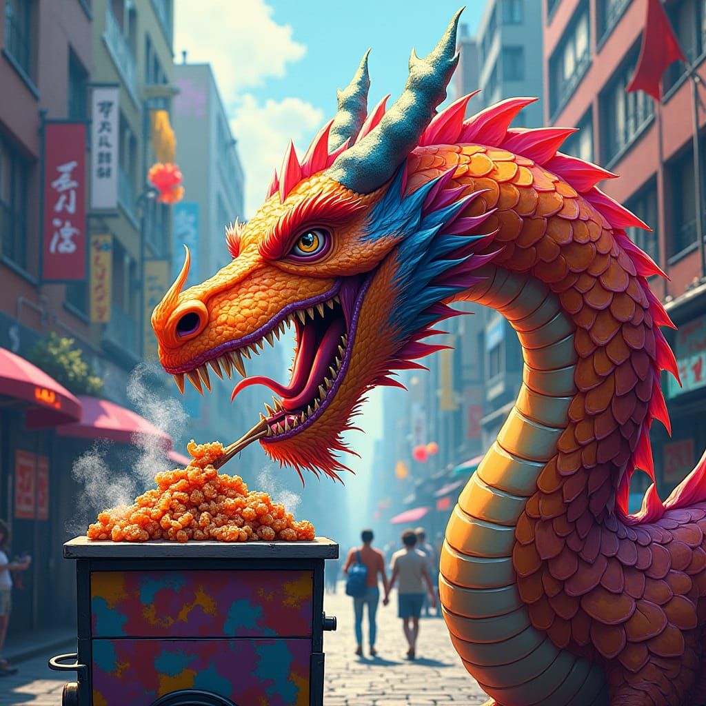 Fluorescent Dragon Eating Street Food in Polychromatic Style