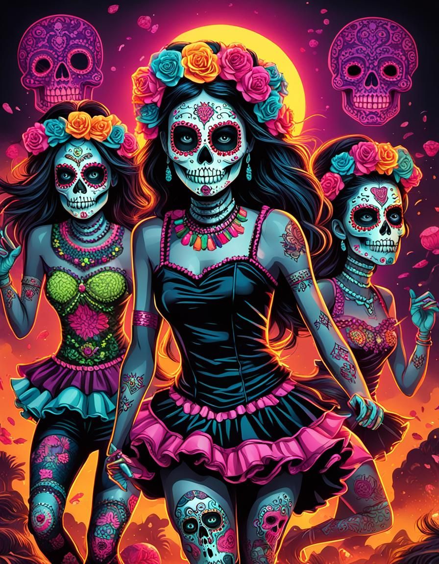 Neon Horror: Mexican Girls with Sugar Skulls