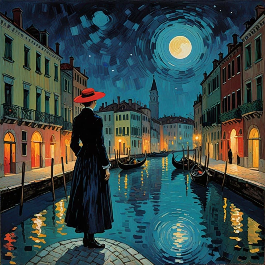 Impressionist Woman Under Moonlit Venetian Gondolas