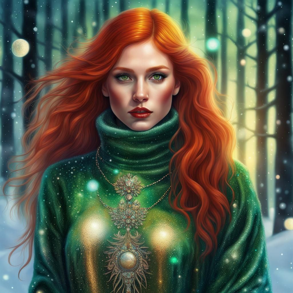 Red-Haired Girl in Snowy Forest, Holographic Illustration