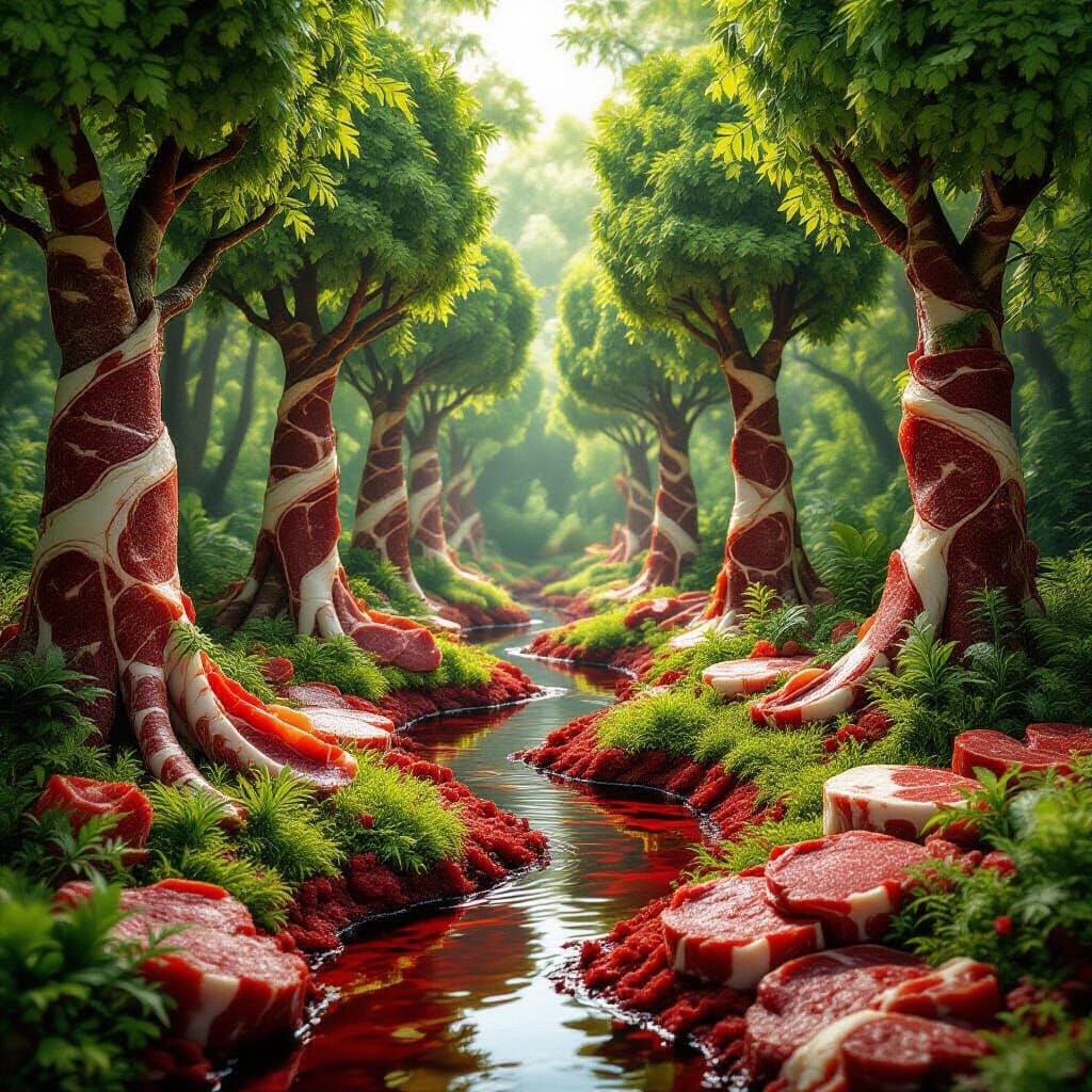 Surreal Meat Forest: A Hyperrealistic Raw Meat Landscape
