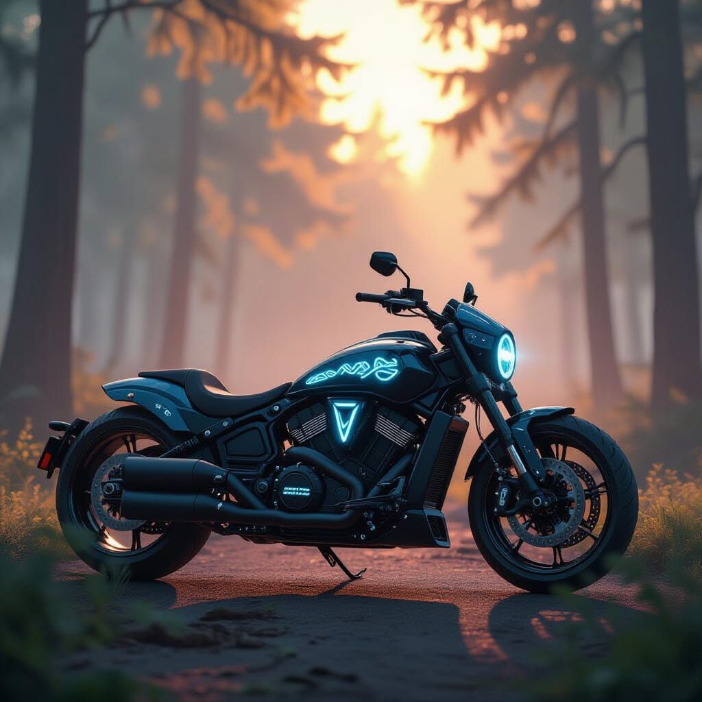 Futuristic Motorcycle with Glowing Runes in Alien Forest