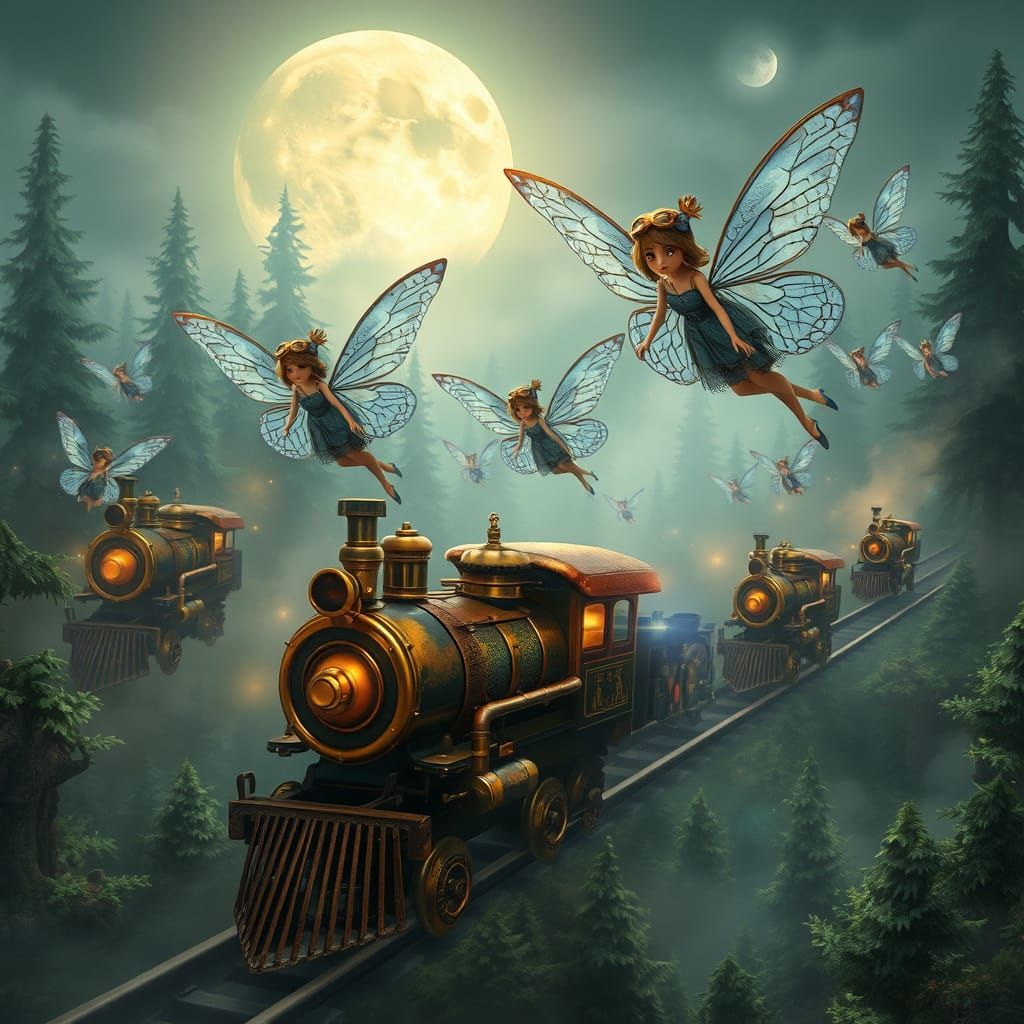 Steampunk Fairies Soar in Tiny Trains over Mystical Forest