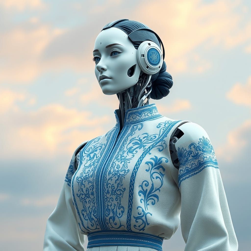 Serene Robot Woman in Ukrainian Embroidered Shirt