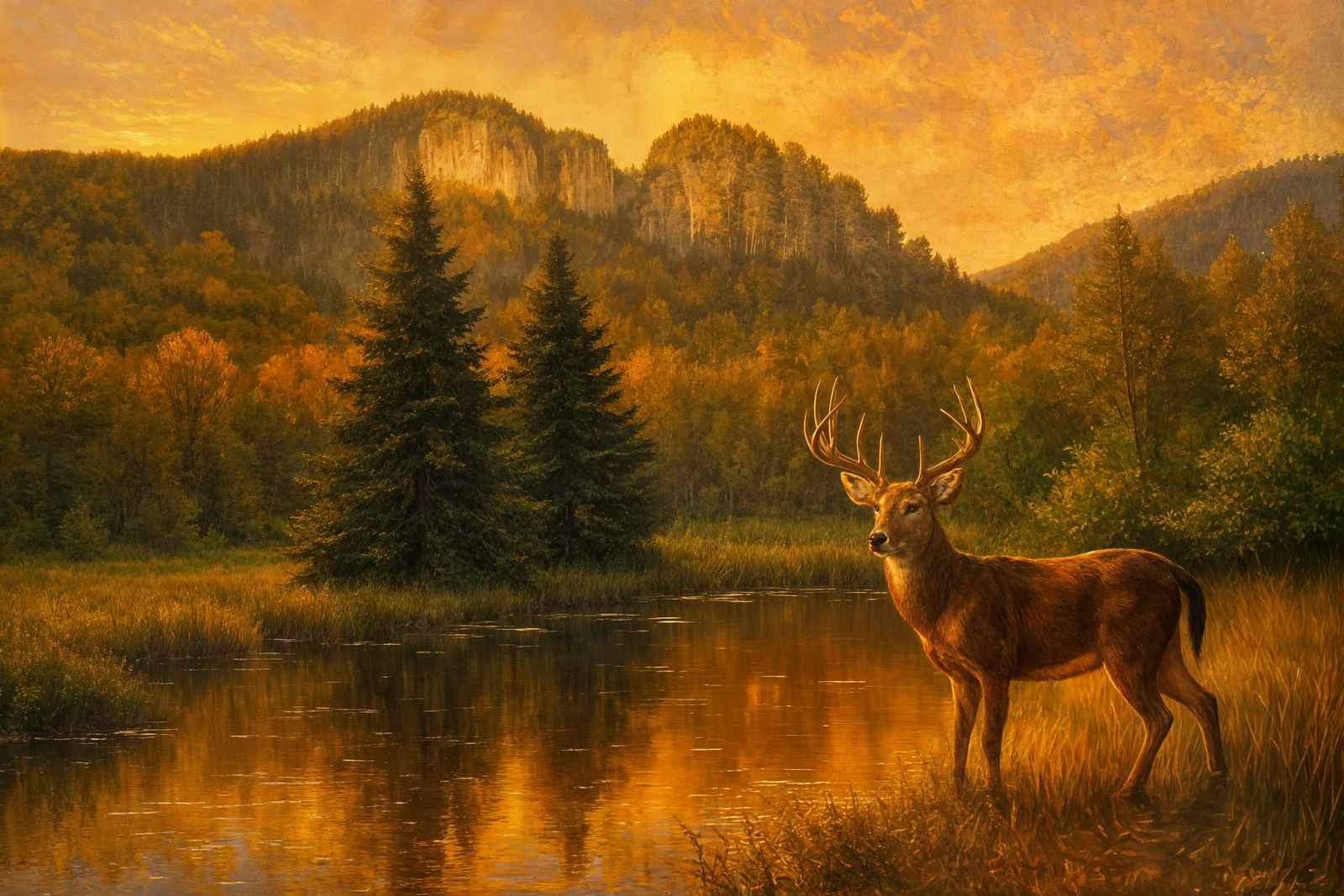Whitetail Buck at Pond in Golden Hour Oil Painting