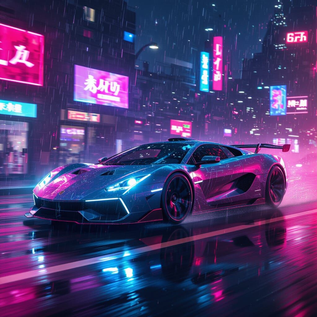 Cyberpunk Sports Car Races Through Neon Cityscape