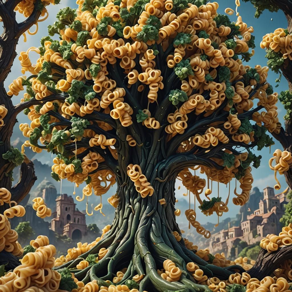 Surreal Pasta Tree in Lush Colors as Fantasy Concept Art