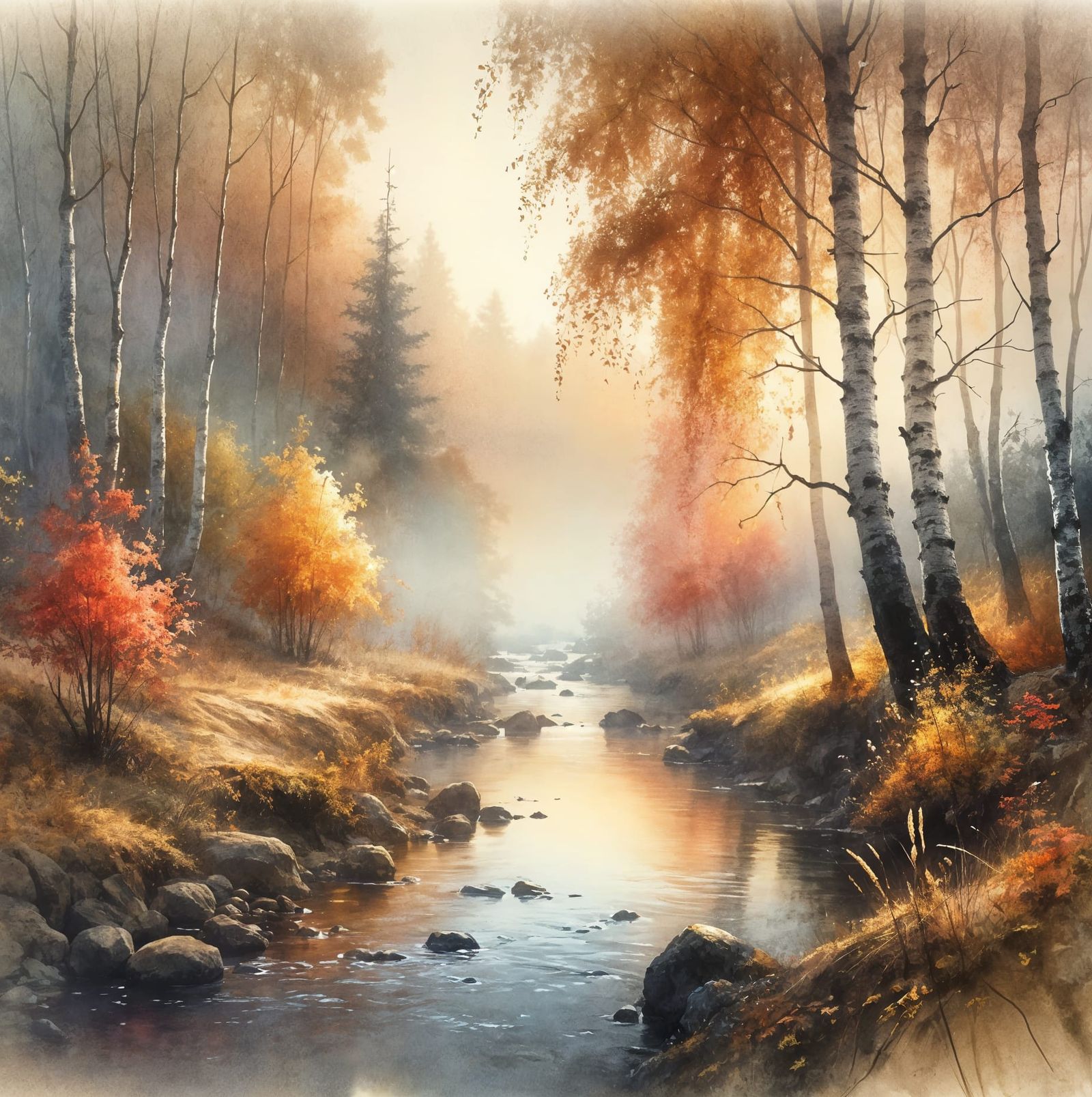 Atmospheric Autumn Stream Landscape in Eastern Watercolor St...