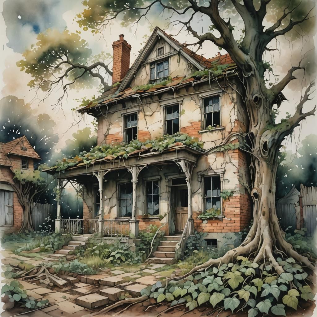 Whimsical Watercolor of Abandoned House with Tree