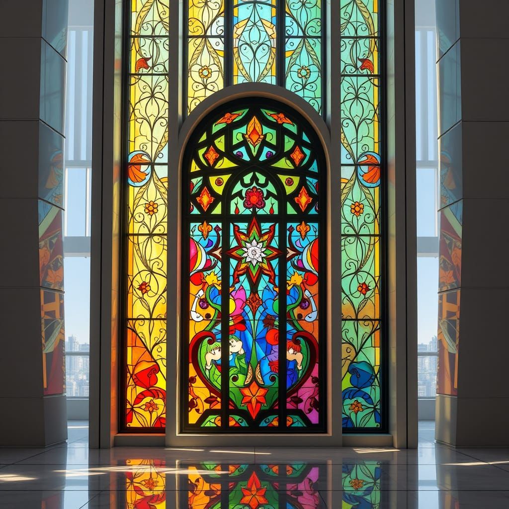 Sleek Modern Stained Glass Masterpiece in Vibrant Anime-Insp...